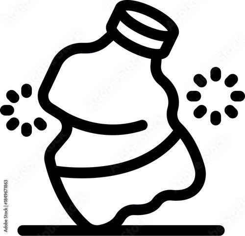 Crumpled plastic bottle lying on the ground is polluting the environment, while two rotating recycle symbols suggest the possibility of recycling