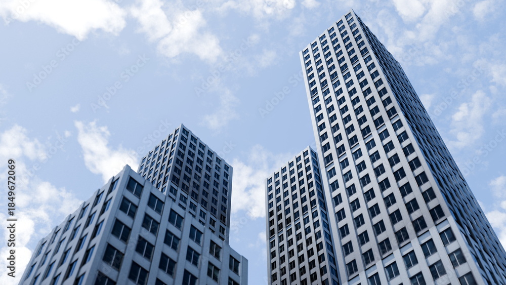 Naklejka premium group of tall buildings stands in an urban area under a blue sky with clouds. People may be walking nearby as the sun shines down on the city. 3d render
