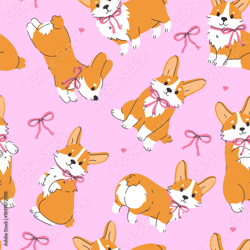 Seamless pattern with cute corgi dogs with bows on their necks. Vector graphics.