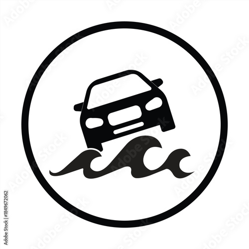 Flood warning sign icon. Cars submerged in water, flooded roads, and flooded highways, Emergency warning signs, danger of cars falling into the sea. Vehicles in water. Vector illustration