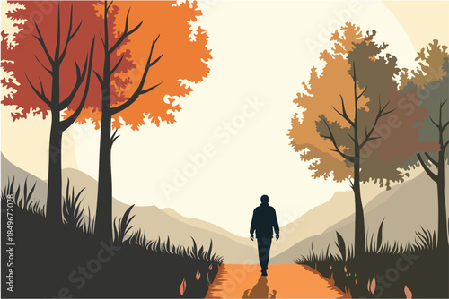 Man walking alone on autumn forest path between colorful trees at sunset, modern flat vector illustration symbolizing journey, reflection, solitude and peaceful nature landscape