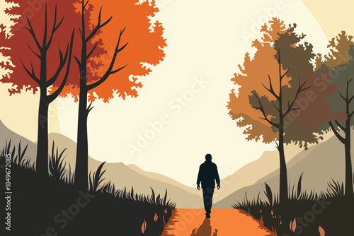 Man walking alone on autumn forest path between colorful trees at sunset, modern flat vector illustration symbolizing journey, reflection, solitude and peaceful nature landscape