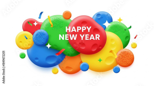 Happy new year text on colorful abstract blobs and confetti celebrating festive holiday greeting