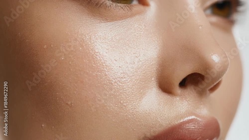 Closeup of a womans face with glowing healthy skin and glossy lips showcasing natural beauty and skincare. 4k Beauty Footage Video
