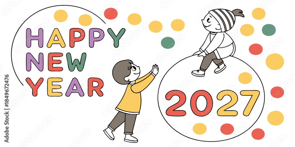 Fototapeta premium Happy New Year 2027 Kids Illustration – Playful Festive Design with Colorful Circles and Cartoon Characters, Perfect for Holiday Cards, Posters, Celebration Graphics, and Seasonal Artwork