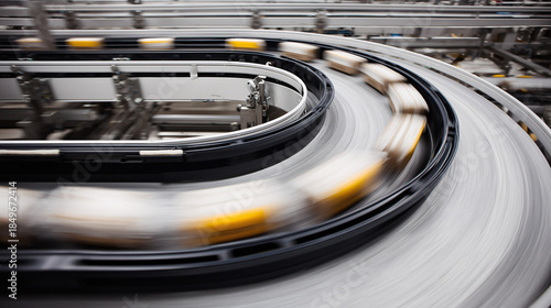 Blurred shot of a circular production line with a moving conveyor in a factory, focus on speed and mechanics.