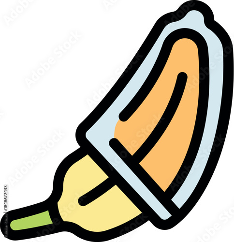 Cartoon of a peeled banana wearing a condom promoting safe sex, contraception, and sexual health