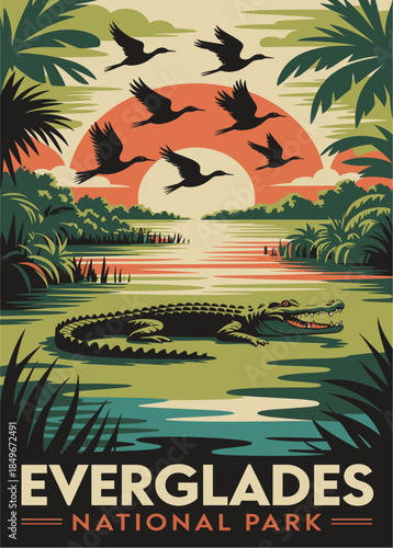 Vintage style travel poster of Everglades National Park with alligator silhouette mangroves wading birds and colorful sunset landscape.