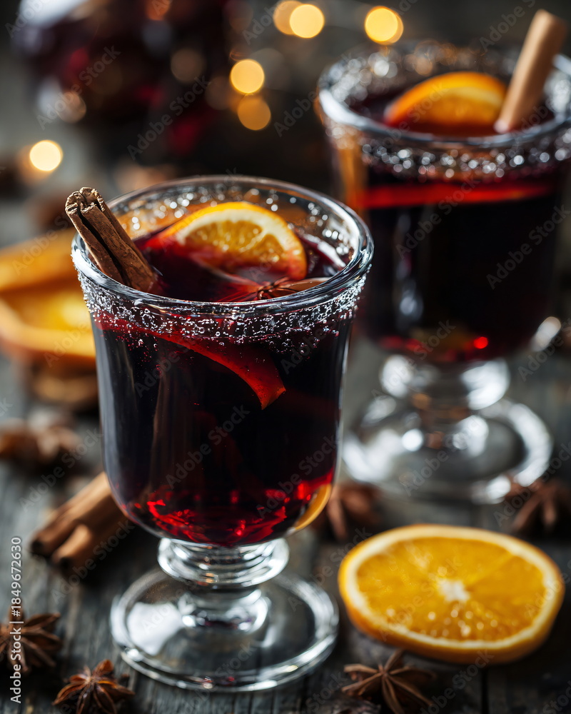 Fototapeta premium glass of mulled wine with cinnamon and orange slices, warm winter drink, festive mood