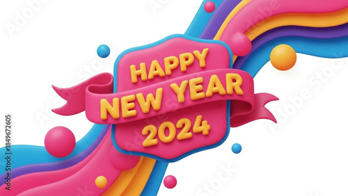 Happy new year 2024 celebration with colorful abstract waves and floating spheres in a festive design
