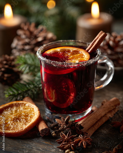glass of mulled wine with cinnamon and orange slices, warm winter drink, festive mood