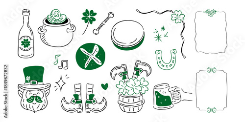 Hand-drawn St. Patrick's Day elements, including a leprechaun, shamrocks, a pot of gold, beer, and festive borders.