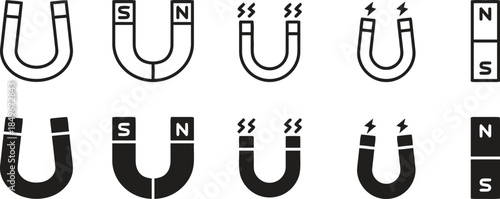 Magnet line icons set for magnetic force field design concept