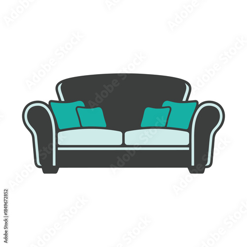 Black sofa with light blue cushions and teal pillows