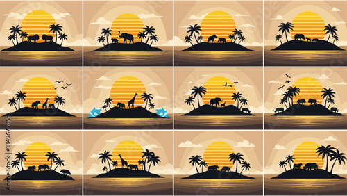 A serene collage of tropical island scenes at sunset with varied activities