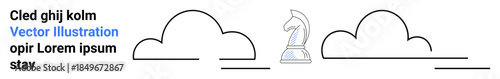 Strategy, innovation, decision making, business planning, logic, creativity. A chess knight in the center between two minimalist cloud designs. Strategy and innovation visually