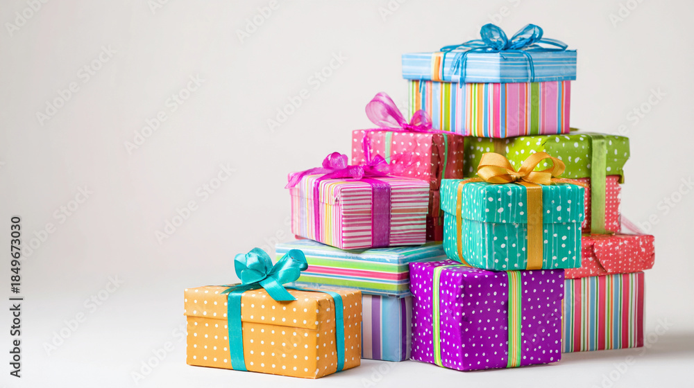 Obraz premium A vibrant stack of colorful gift boxes with decorative ribbons, perfect for celebrations and special occasions