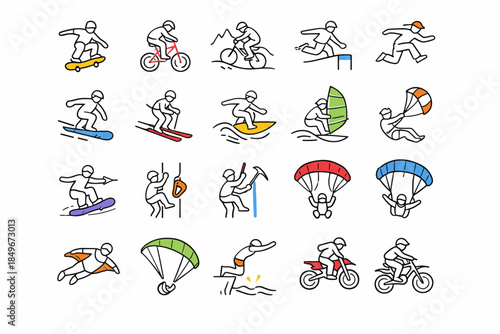 A set of 20 colorful line icons with bright color accents. The icons are designed in a simple, dynamic, minimalist style and illustrate various extreme sports.