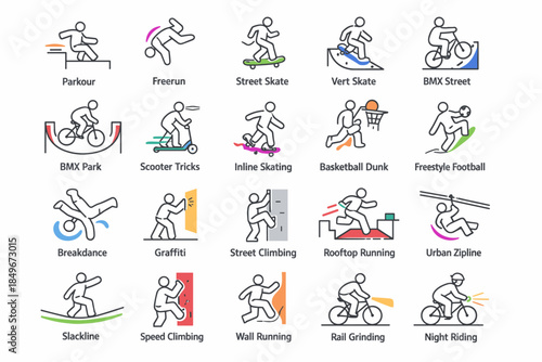 A set of 20 colorful line icons with bright accents. They have a dynamic minimalist style and illustrate various urban extreme and street sports.