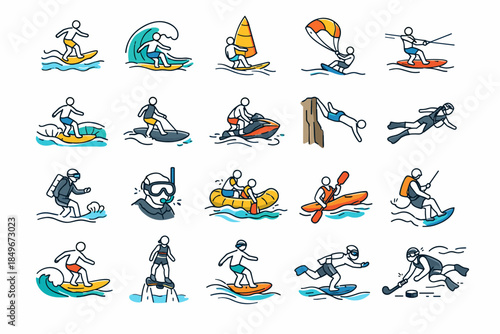 A set of 20 colorful line icons with color accents. In a simple, cheerful minimalist style, they illustrate various water sports, extreme and recreational activities on the water.