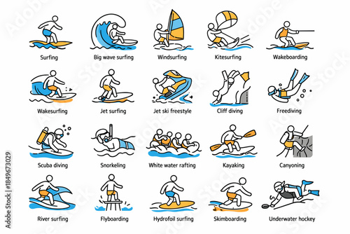 A set of 20 black and white line icons with color accents. The icons are designed in a simple, minimalist style and illustrate various extreme and adventure water sports.