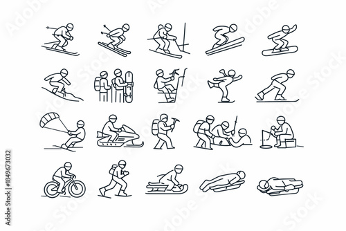 A set of 20 black and white line icons in a minimalist style, dedicated to winter sports and extreme activities on snow and ice.