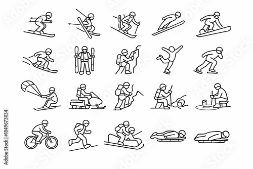 A set of 20 black and white line icons in a minimalist style, illustrating various winter and extreme sports on snow and ice.