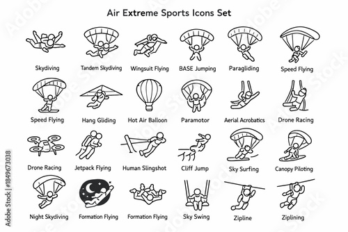 A set of 24 black and white line icons called “Air Extreme Sports Icons Set.” The icons are designed in a simple, minimalist style.