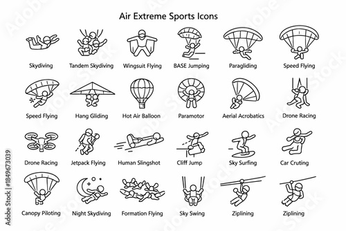 A set of 24 black and white line icons called “Air Extreme Sports Icons.” The icons are designed in a simple, minimalist style.