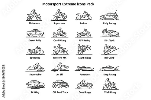 A set of 20 black and white line icons called “Motorsport Extreme Icons Pack.” The icons are designed in a simple, minimalist style and illustrate various extreme types of auto and motorcycle racing.