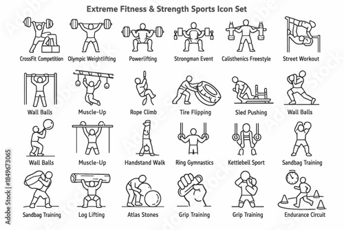 A set of 20 black and white line icons called “Extreme Fitness & Strength Sports Icon Set.”