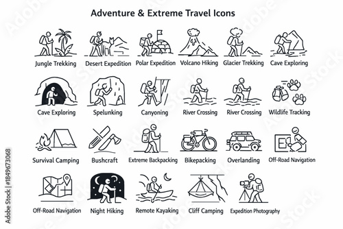 A set of 20 black and white line icons called “Adventure & Extreme Travel Icons.”