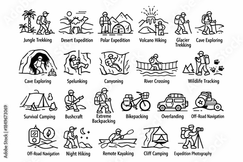 20 simple black-and-white illustrations (line drawings), each depicting different types of outdoor activities, adventures, or expeditions.