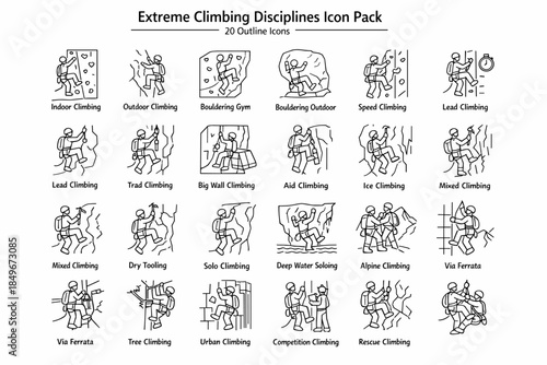 A set of 20 simple black and white outline icons called Extreme Climbing Disciplines Icon Pack.