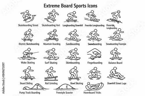 A set of 20 simple black and white line icons called Extreme Board Sports Icons.