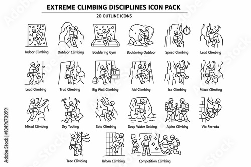 A set of 20 simple black and white outline icons called EXTREME CLIMBING DISCIPLINES ICON PACK.