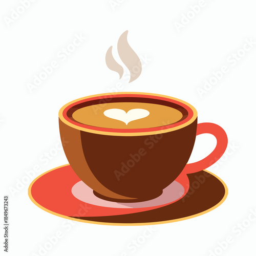 A charming illustration of a steaming hot cup of coffee with a warm swirl design