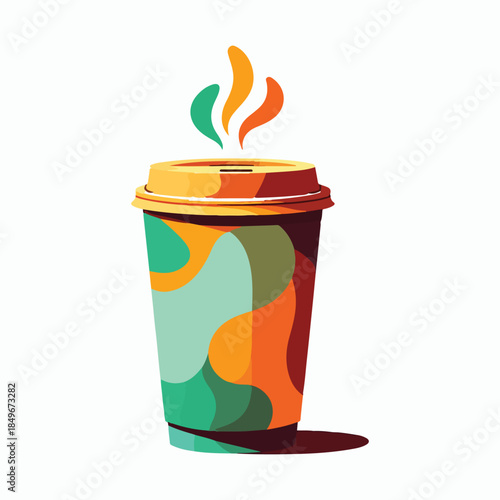 A charming illustration of a steaming hot cup of coffee with a warm swirl design