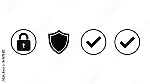 Security icons depicting lock shield and checkmarks in circular outlines