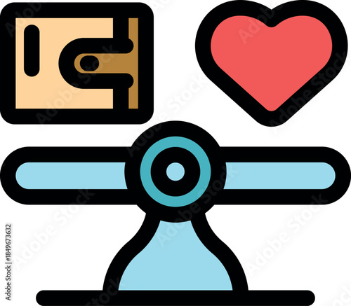 Work life balance concept showing a wallet and a heart balancing on a scale, choosing love over money