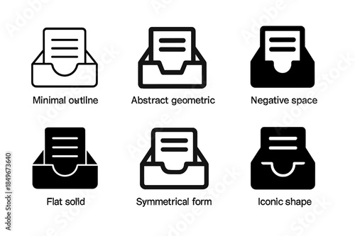 Drawer Logo Concepts. Cleaning Out a Drawer. Set Logo of Drawer with Labels: Minimal outline, Abstract geometric, Negative space, Flat solid, Symmetrical form,