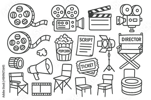 Classic Movie Icons. Movie Reel Collection. Hand-drawn doodle illustration Movie Reel Collection film reels, movie tape, projector, clapperboard, director?s
