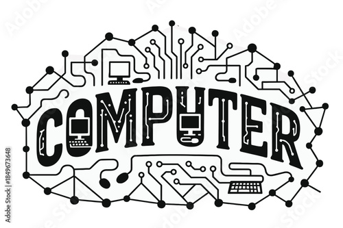 Tech-Themed Lettering Art. Decorative Display Lettering ? "Computer" with silhouette letters containing tiny monitors, keyboards, mice, and circuit elements,