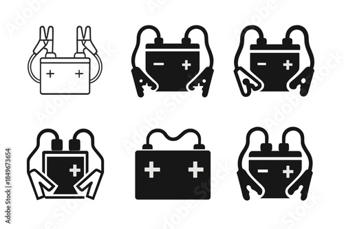 Car Battery Logos. Car battery with jumper cables. Icon set. Set Logo of Car battery with jumper cables: battery with clamps attached. harmonious