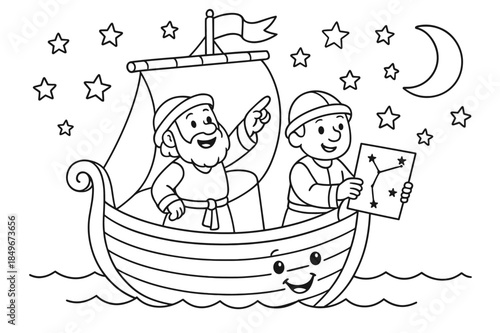 Sailors and Stars. Ancient sailors and stars children?s coloring book illustration, outlined drawing, a cheerful ship on calm waves at night with sailors