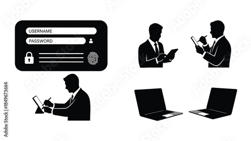 Data security and business professionals login forms silhouettes and laptops illustrated