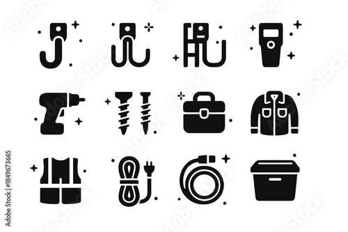 Heavy-Duty Garage Hooks. Heavy-duty garage hooks. Solid icons set of Heavy-duty garage hooks: utility hook, bike hook, ladder hook, stud finder, drill, screws,