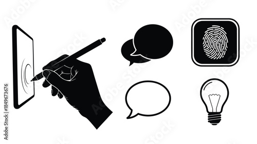 Digital interaction concepts hand smartphone speech bubbles fingerprint and idea