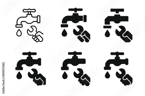 Faucet Fix Icon Set. Fixing a leaky faucet in the kitchen. Icon set. Set Logo of Fixing a leaky faucet in the kitchen: dripping faucet. harmonious logo