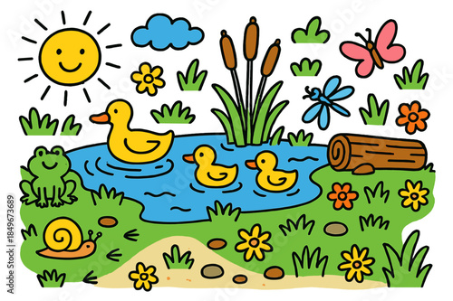 Riverbank Doodle Delight. Riverbank life. Colorful Hand-drawn doodle Children illustration Riverbank life ducks, reeds, cattails, pebbles, flowers, grass, log,